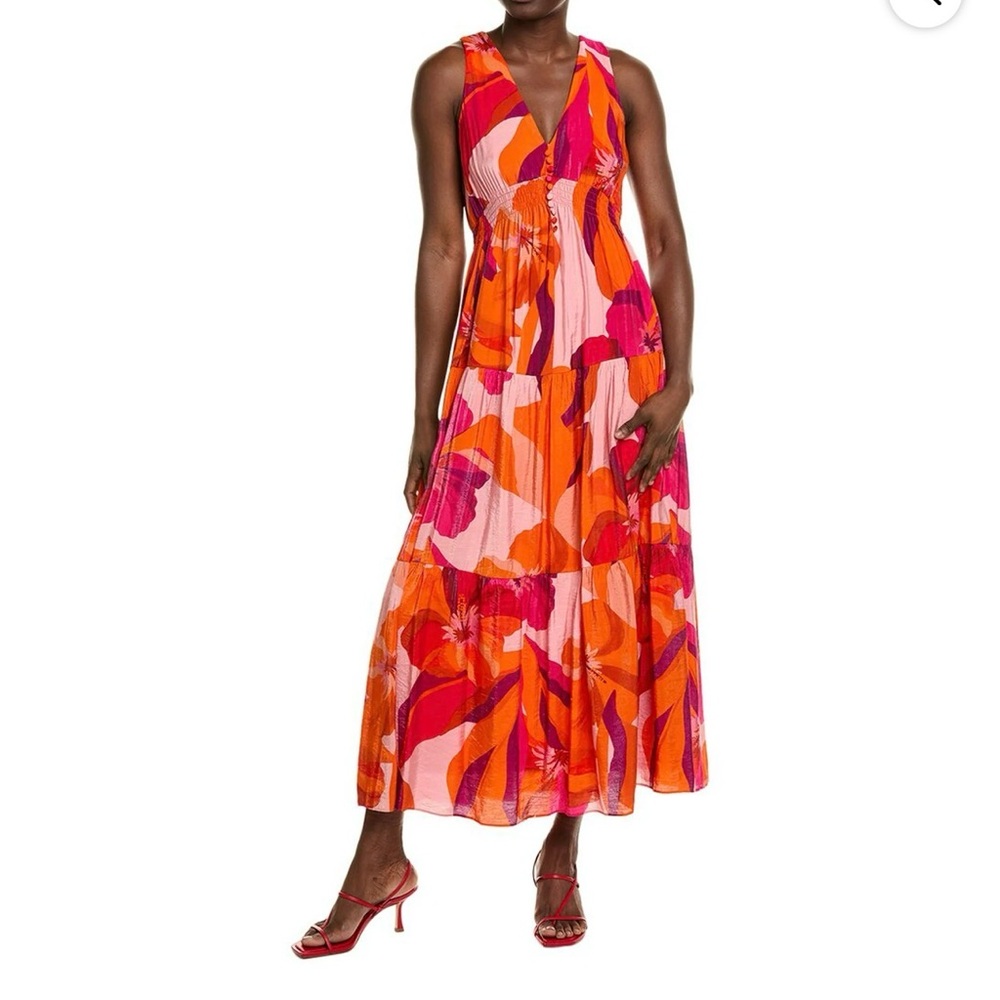 KELLY GRACE - Taylor Tiered Midi Dress - Orange Pink Floral - Size XL